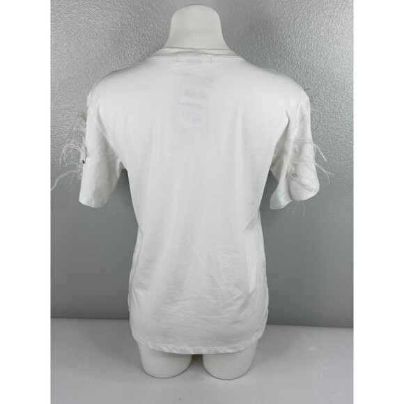 in2you Women Medium White T Shirt Feather Rhinestone Sleeve Casual NWT - Picture 5 of 9